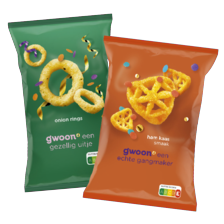 g'woon langoortjes, onion rings of ham kaas chips